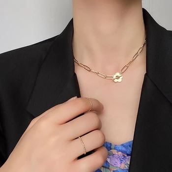 HangZhi 2020 Nou Design Simplu Perle Naturale OT Cataramă de Aur, Argint Flori de Culoare Margele de Metal Colier de Lanț Colier pentru Femei  5