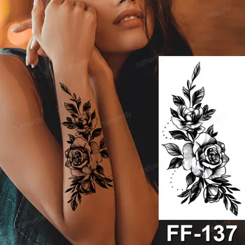 15 buc/lot impermeabil tatuaj temporar autocolante flori de trandafir bujor schiță modele de tatuaje negre pe braț maneci tatuaje false femei fata  10